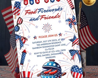 4th Of July BBQ Invitation, Party In USA Invite, Independence Day BBQ Barbeque Invite, July Fourth Food Friend and Firework, Editable Canva