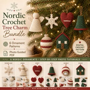 Könnte beinhalten: Ein digitales Häkelanleitungs-Set für sechs nordische Ornamente, darunter eine Schneeflocke, ein Engel, ein Herz, eine Glocke, eine Kugel und ein Haus. Der Text lautet Nordic Crochet Tree Charm Bundle, 6 Ornament Patterns, Photo Guided PDF.