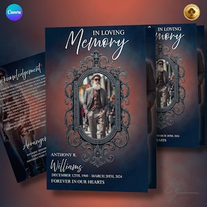 Blue & Orange Funeral Program Template: 8-Page Bi-Fold (Digital Download)