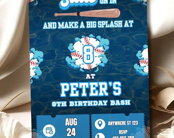 Editable Baseball Birthday Invitation: Water Slide Pool Party (5x7, Digital Download, PDF/JPG/PNG Options)