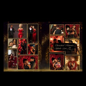 May include: A photo album spread with multiple images of couples in various romantic settings. The album features a black background with gold accents and the text "Cherished Moments, Infinite Love". The photos showcase couples in formal attire and intimate moments.