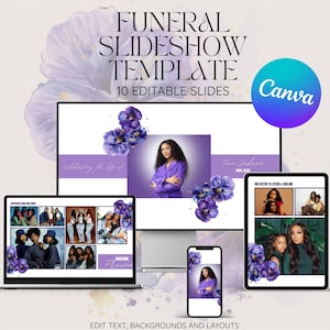 May include: A digital funeral slideshow template with 10 editable slides. The design features a woman in a purple blazer, purple flowers, and the text "Funeral Slideshow Template." The Canva logo is visible. The template is displayed on a laptop, tablet, and smartphone.
