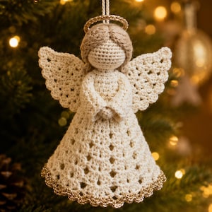 May include: A crocheted angel ornament in cream yarn with a gold halo and gold-trimmed hem. The figure features a round head, textured wings, and a flared dress with a repeating openwork pattern, suspended by a white string for hanging.