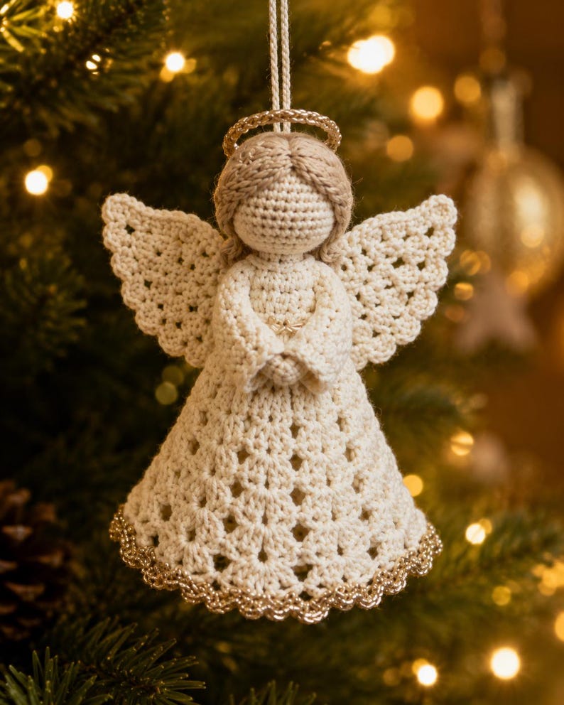 May include: A crocheted angel ornament in cream yarn with a gold halo and gold-trimmed hem. The figure features a round head, textured wings, and a flared dress with a repeating openwork pattern, suspended by a white string for hanging.