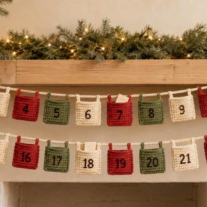 Virkmönster för adventsnedräkningsgirlang, julkalender i PDF-format, 24 godispåsar, juldekorationer för nybörjare, fotoguide
