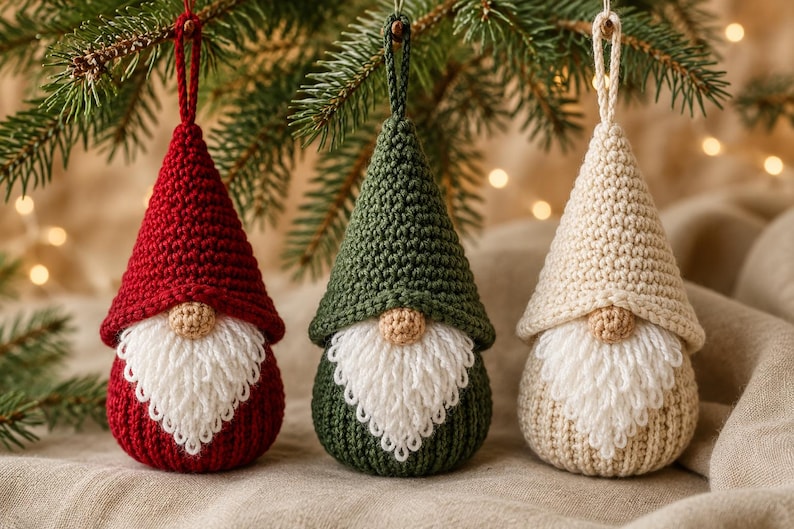 May include: Three cone-shaped crochet ornaments featuring gnomes with pointed hats in red, dark green, and cream. Each gnome has a small tan nose, a textured white yarn beard, and a matching crochet loop at the top for hanging on a tree branch.