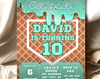 Baseball Ice Cream Drip Birthday Invitation: Editable Canva Template (Digital Download)