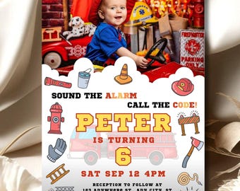 May include: A birthday invitation featuring a child dressed as a firefighter. The invitation includes the text "SOUND THE ALARM CALL THE CODE!" and "PETER IS TURNING 6". The design incorporates fire-related illustrations and event details.