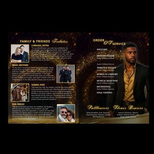 May include: A memorial service program with a gold and black design. The left side features photos and tributes to family and friends. The right side lists the order of service, including welcome, prayer, and musical selections.