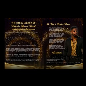 May include: A memorial program with gold accents, featuring text about Charles David Smith's life and legacy. Includes a portrait of a man in a suit and text about faith and scripture.