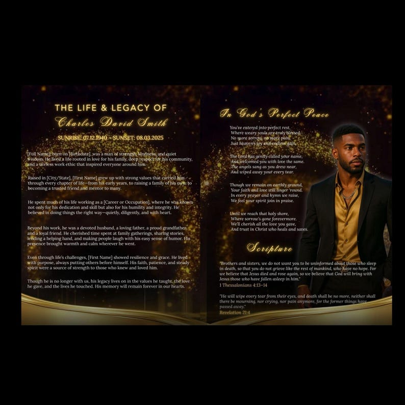 May include: A memorial program with gold accents, featuring text about Charles David Smith's life and legacy. Includes a portrait of a man in a suit and text about faith and scripture.