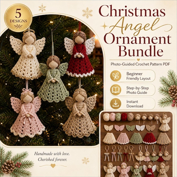 Christmas Angel Ornament Crochet Pattern Bundle, 5 Crochet Angels PDF, Christmas Tree Decorations, Photo Guided Pattern, Holiday Crochet
