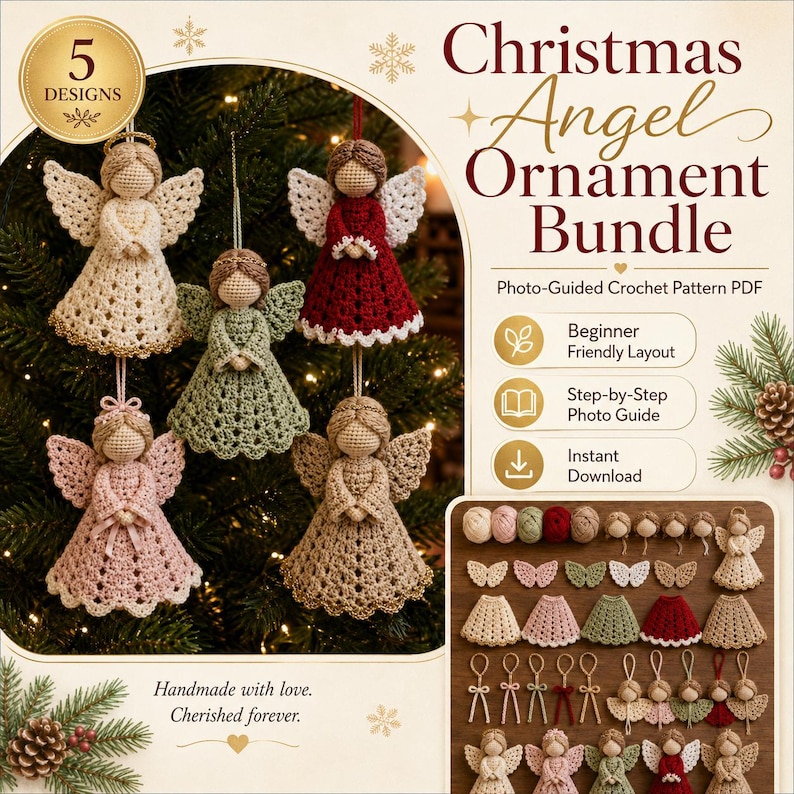 May include: Five crochet angel ornaments in cream, sage green, dark red, dusty pink, and tan. Each angel features a round head, textured wings, and a flared dress. The image includes text reading Christmas Angel Ornament Bundle and 5 Designs.