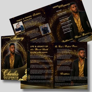 May include: A memorial service program with a gold and black design. The program includes photos, text, and the name Charles David Smith. The service details are displayed on multiple panels.