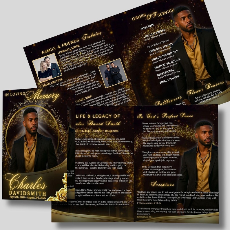 May include: A memorial service program with a gold and black design. The program includes photos, text, and the name Charles David Smith. The service details are displayed on multiple panels.