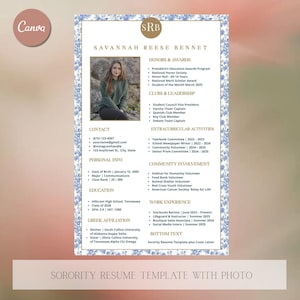May include: A sorority resume template featuring a blue and white floral border, a circular monogram with the letters SRB, and sections for contact info, education, honors, awards, clubs, leadership, extracurriculars, and work experience.