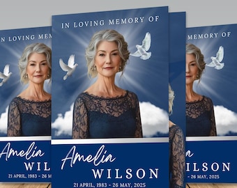 Elegant Blue & Cloudy Funeral Program Template: 8-Page Memorial (Digital Download)