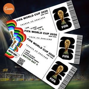 May include: Three white FIFA World Cup 2026 tickets with black text. The tickets read "France vs England" and "New York". Each ticket features a gold trophy and the FIFA logo. One ticket has a rainbow flag design.