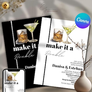 May include: Two invitation cards, one black and one white, featuring watercolor illustrations of a cocktail and a whiskey glass. The text "make it a Double" is displayed. A phone screen shows a similar design.