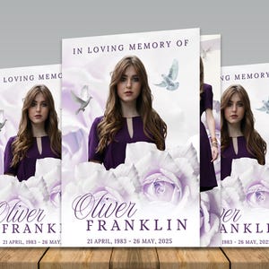 12 Page Light Purple Floral Funeral Template, 8.5x11&quot; Classic Purple Obituary Program, Bi-Fold Funeral Program, Memorial Celebration of Life
