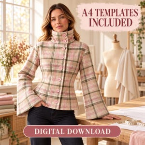 May include: A long-sleeved jacket featuring a pink, beige, and dark green plaid pattern with a high collar and a row of pink buttons. The text A4 TEMPLATES INCLUDED and DIGITAL DOWNLOAD is visible on the image.