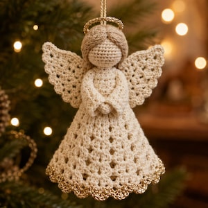 May include: A cream-colored crocheted angel ornament featuring a textured dress with a scalloped hem trimmed in metallic gold thread. The figure has a round head, folded arms, and wide wings, topped with a small, circular gold halo and a hanging loop.