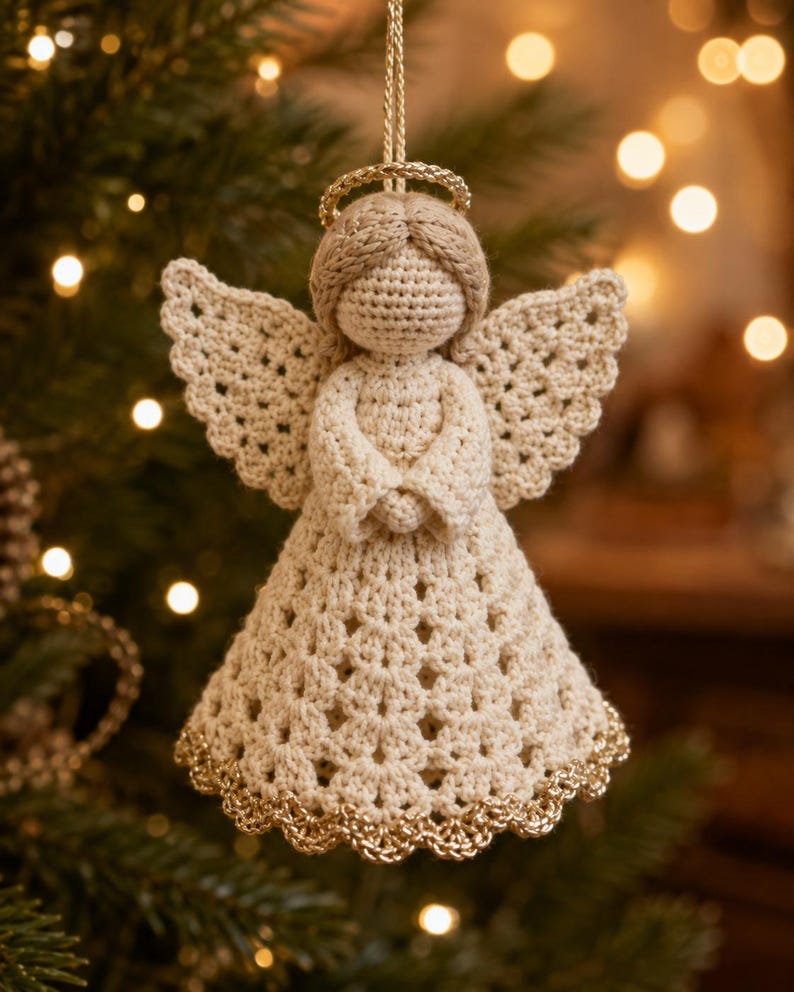 May include: A cream-colored crocheted angel ornament featuring a textured dress with a scalloped hem trimmed in metallic gold thread. The figure has a round head, folded arms, and wide wings, topped with a small, circular gold halo and a hanging loop.