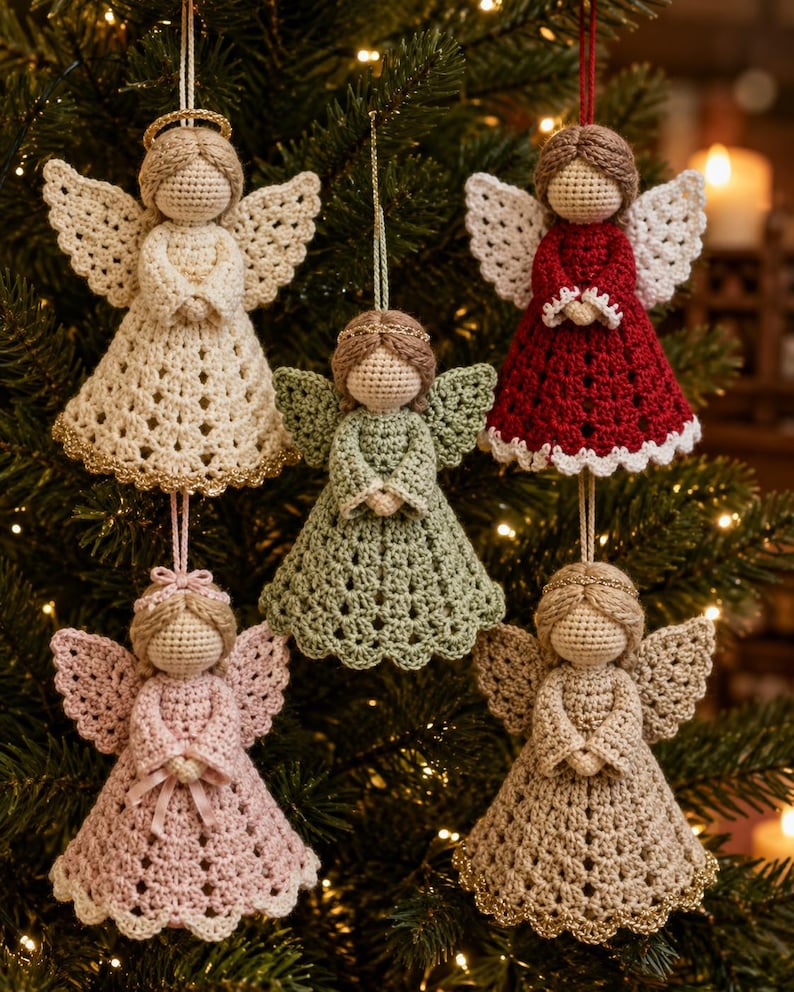 May include: Five crocheted angel ornaments hanging as decorations. Each angel features a round head, textured wings, and a flared dress in cream, sage green, deep red, soft pink, or tan. Some angels have gold halos or gold trim on the dress hem.