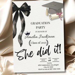 Editable Black Bow Graduation Invitation Template | Modern Class of 2025 Grad Party Invite | Digital Canva Graduation Announcement