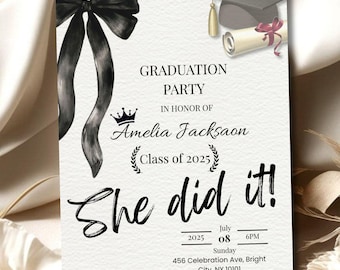 Editable Black Bow Graduation Invitation Template | Modern Class of 2025 Grad Party Invite | Digital Canva Graduation Announcement