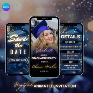 Navy Blue Gold Glitter Graduation Invitation Template (Digital Download)