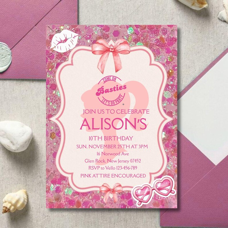 May include: Pink birthday party invitation with the text "Come on Basties, Let's Go Party" and "Alison's 10th Birthday". The invitation includes a bow, lips, and heart-shaped glasses. The background has a glitter effect.