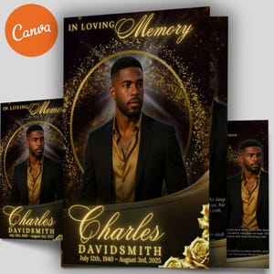 Puede incluir: Diseño de tarjeta conmemorativa con un retrato de un hombre con traje negro y camisa dorada. Las palabras "In Loving Memory" y el nombre "Charles DAVIDSMITH" se muestran en una elegante escritura. También se incluyen las fechas del 12 de julio de 1940 al 3 de agosto de 2025.