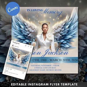 May include: A memorial flyer template with a portrait of a person in a white suit, angel wings, and the text "In Loving Memory." The flyer includes the name "Alison Jackson," dates, and event details. An Instagram post mockup is also shown.