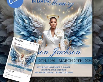 Invitación para anuncio de funeral con cielo azul elegante / Folleto conmemorativo digital, obituario, En memoria de, Celebración de la vida / Plantilla de Canva