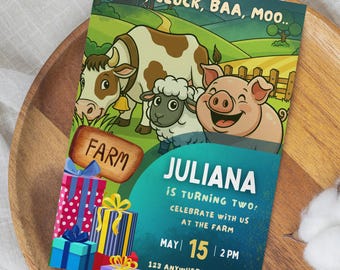 Oink Baa Moo Turning Two Birthday Invitation Farm Animal Birthday Invite Barnyard 2nd Birthday ( Digital Download ) Editable Canva Template