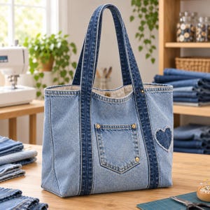 May include: A light blue denim tote bag featuring dark blue denim straps and trim. The bag includes a central exterior pocket with gold-tone metal rivets and a dark blue denim heart-shaped patch with frayed edges on the right side of the front panel.