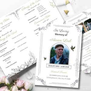 May include: A funeral service program with a photo of a man, Aaron Loeb, and the dates August 1950 - June 2024. The program includes details for the service, with floral and decorative elements.