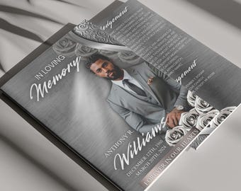 8 Page Silver Gray Funeral Template, 8.5x11" Elegant  Obituary Program, Bi-Fold Funeral Program, Memorial Celebration of Life, Instant Files