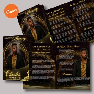 May include: A collection of memorial cards with a portrait of a man in a black suit and gold shirt. The cards feature gold accents, text, and the words "In Loving Memory" and "Life & Legacy of Charles David Smith."