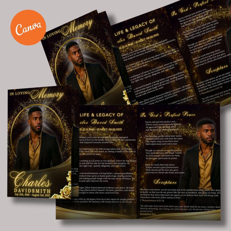 May include: A collection of memorial cards with a portrait of a man in a black suit and gold shirt. The cards feature gold accents, text, and the words "In Loving Memory" and "Life & Legacy of Charles David Smith."