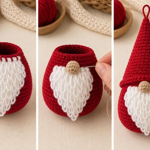 May include: A three-part sequence showing the assembly of a crocheted gnome ornament. The gnome features a red body, a white looped-yarn beard, a small beige nose, and a pointed red hat with a loop at the top for hanging purposes.