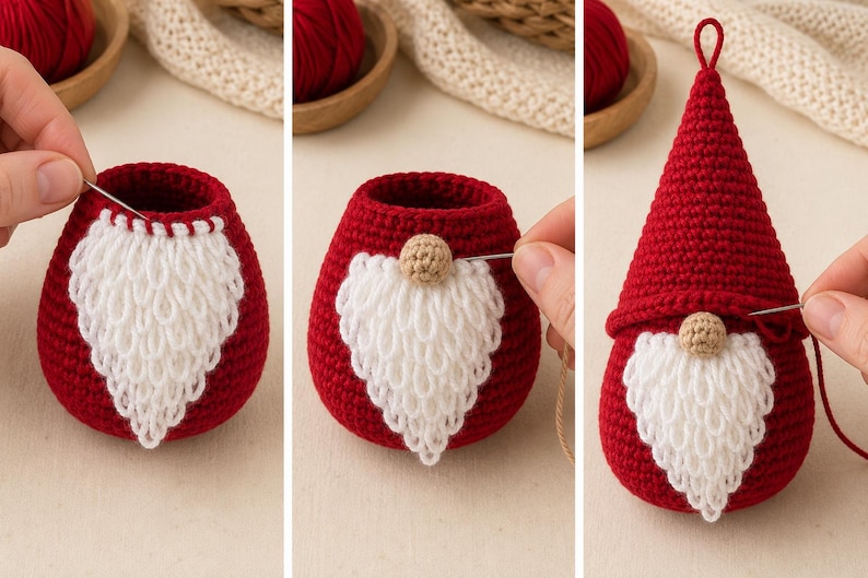 May include: A three-part sequence showing the assembly of a crocheted gnome ornament. The gnome features a red body, a white looped-yarn beard, a small beige nose, and a pointed red hat with a loop at the top for hanging purposes.