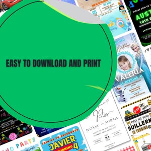 May include: A collection of printable party invitations featuring various themes, including Frozen, Cars, and construction. The invitations are colourful and feature cartoon characters and text that says "Easy to download and print".