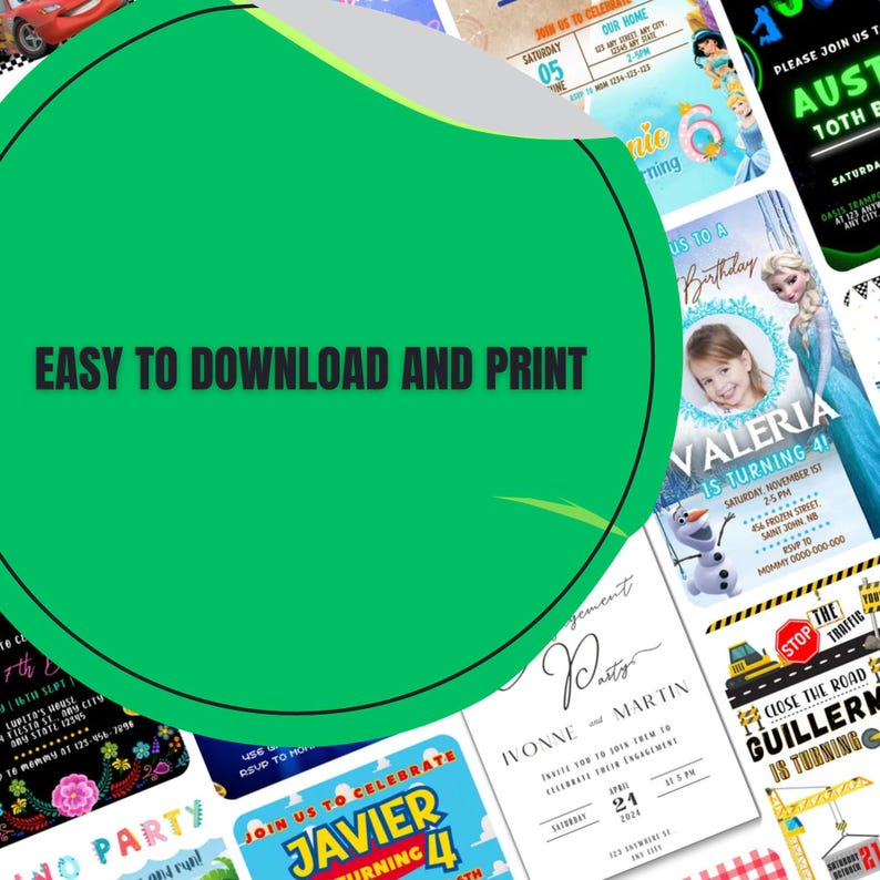 May include: A collection of printable party invitations featuring various themes, including Frozen, Cars, and construction. The invitations are colourful and feature cartoon characters and text that says "Easy to download and print".