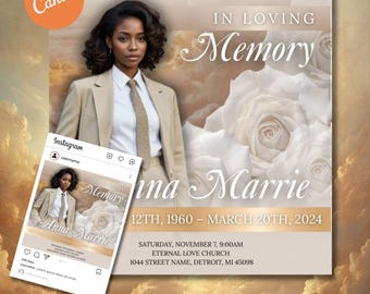 Elegant Beige Sky Funeral Announcement Invitation | Digital Memorial Flyer, Obituary, In Loving Memory, Celebration of Life | Canva Template