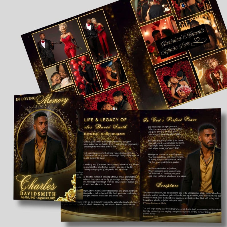 May include: A memorial booklet with a dark gold and black design. The booklet features photos of a couple and family, with text that reads "In Loving Memory" and "Life & Legacy of Charles David Smith".