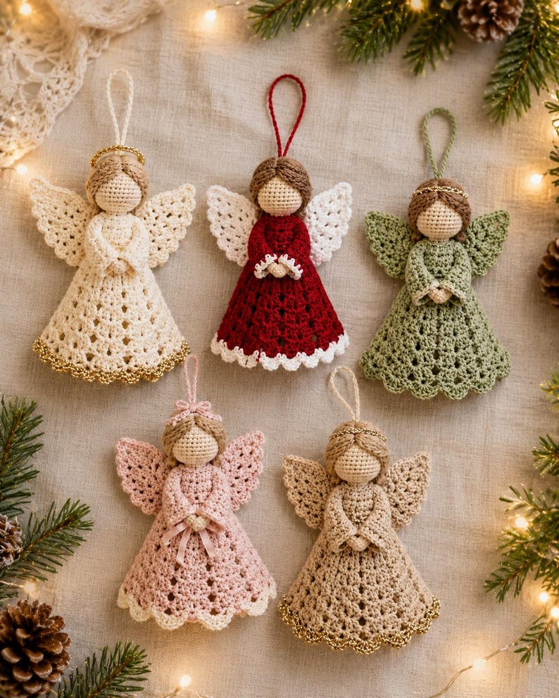 May include: Five handmade crochet angel ornaments with hanging loops. The angels feature tan yarn heads, textured wings, and dresses in cream, dark red, sage green, light pink, and beige. Some dresses have gold trim, and some angels wear gold halos.