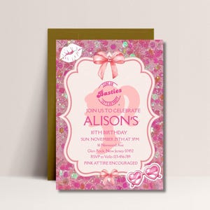 May include: Pink glitter birthday invitation with a scalloped frame, bow accents, and the text "Alison's 10th Birthday." Includes details for the party, such as the date, time, and location. Pink attire is encouraged.