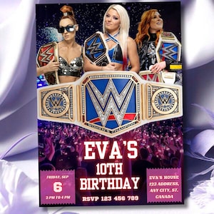 Invito di compleanno digitale per ragazze che lottano - Invito rosa per ragazze completamente modificabile con tema WWE - Biglietto di compleanno stampabile con download immediato